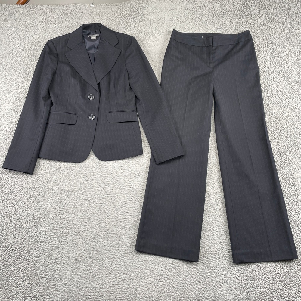 Ann Taylor Pant Suit Women 2 Navy Wool Blend Pinstripe Blazer Wide Leg Pants Set